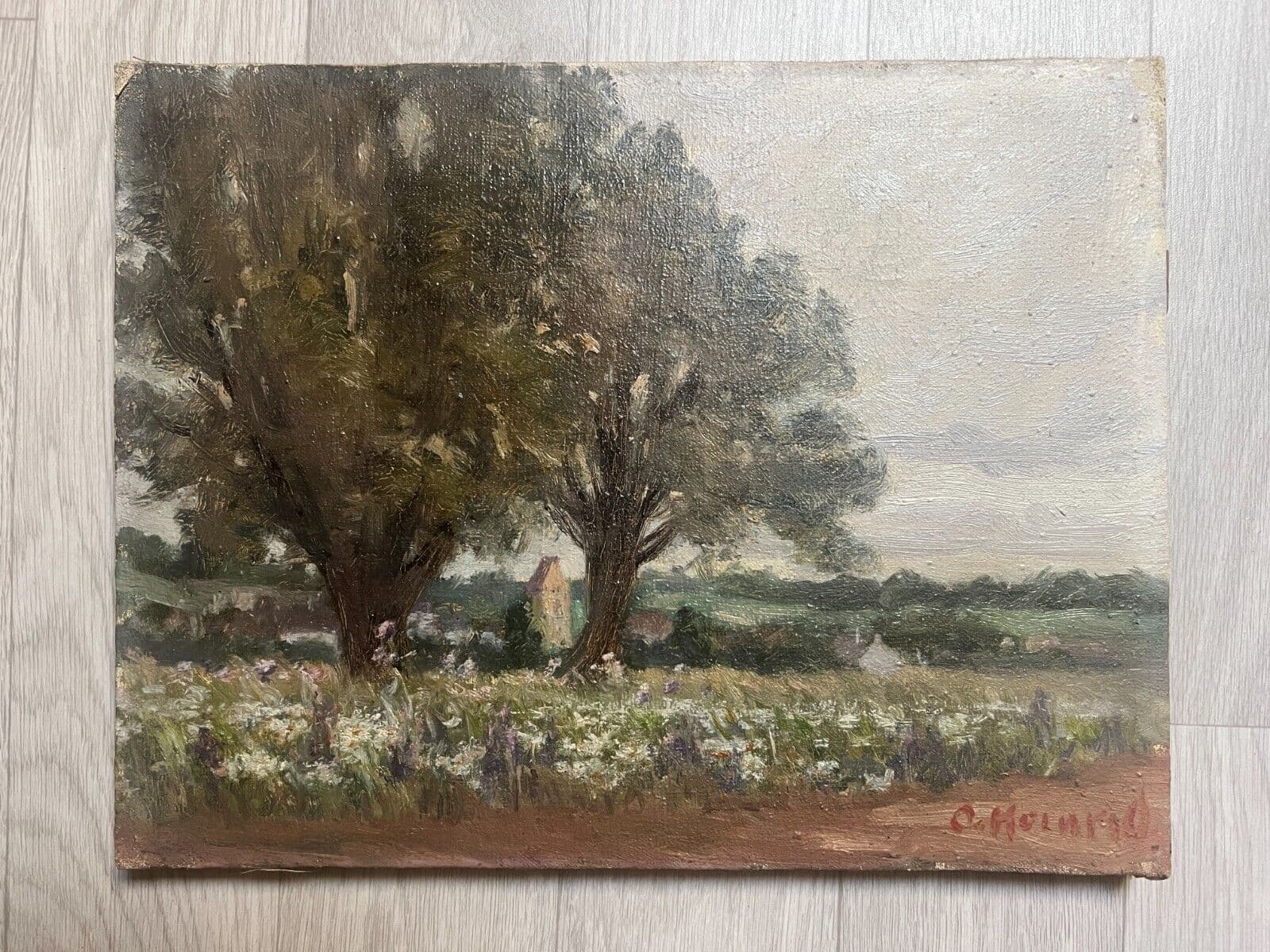 Antique Original Painting Landscape, Village, Trees, Forest signed image 2