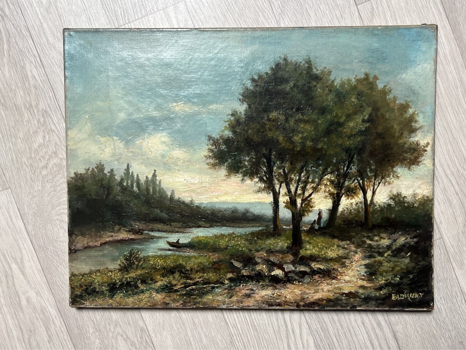Antique Original Painting Landscape Trees, River, Forest, Fisherman signed image 7