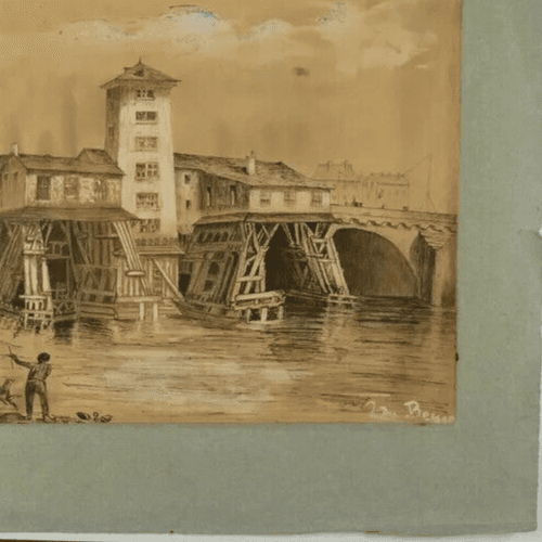 Antique Ink Drawing Original 18th century Jan DE BEYER (1703-1785) Bridge People image 4