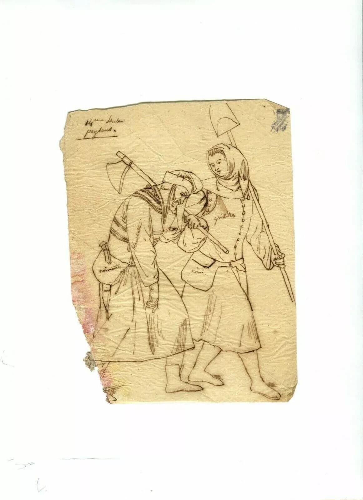 Antique Ink Old Drawing 19th century Peasant People, Figures Artwork image 3