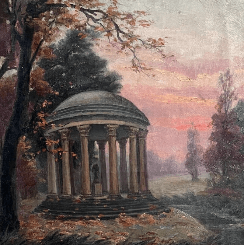 Antique Painting Original Landscape, Architecture, Sunset, Trees signed image 2