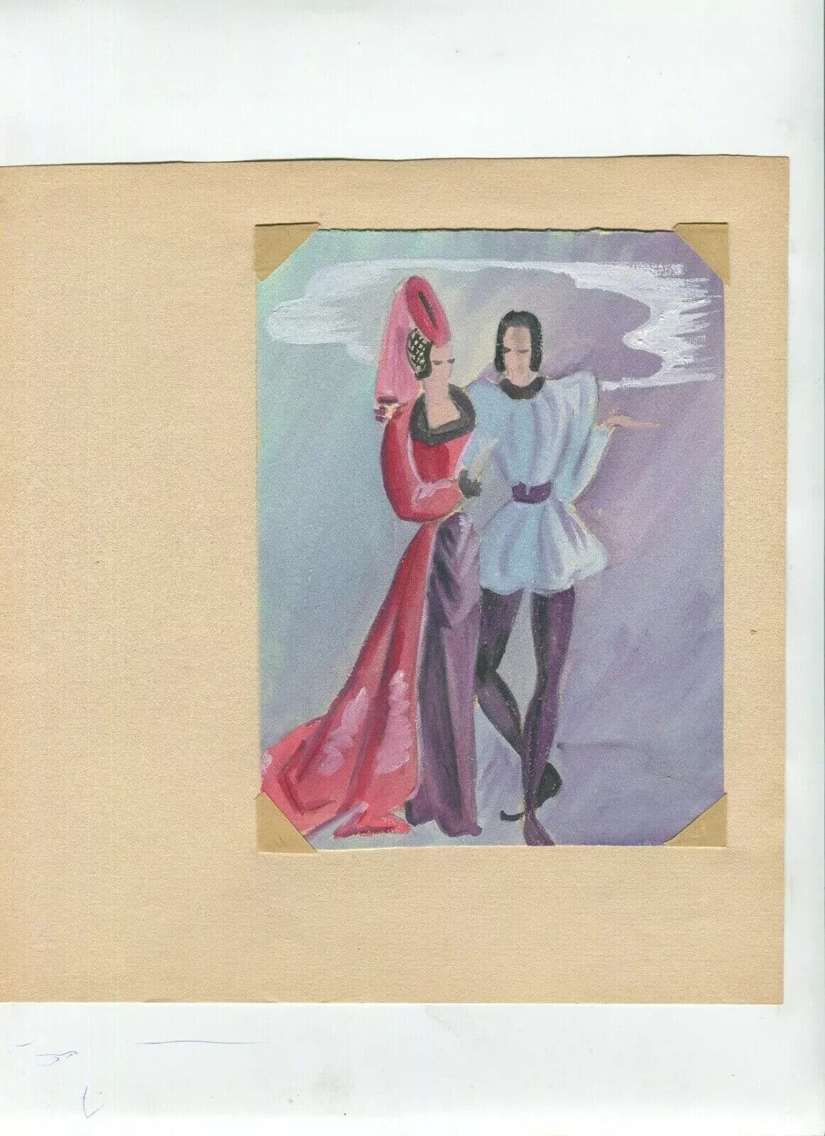 Vintage Original Drawing Portrait, Woman, Couple, Figures, Genre Scene image 5