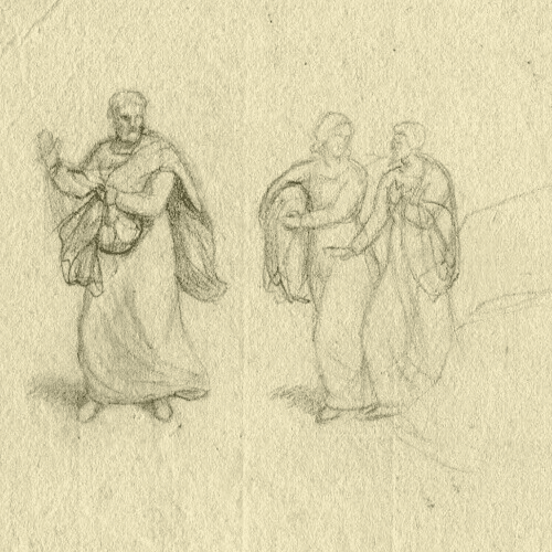 Vintage Pencil Drawing Original Allegorical Antiquite People, Men