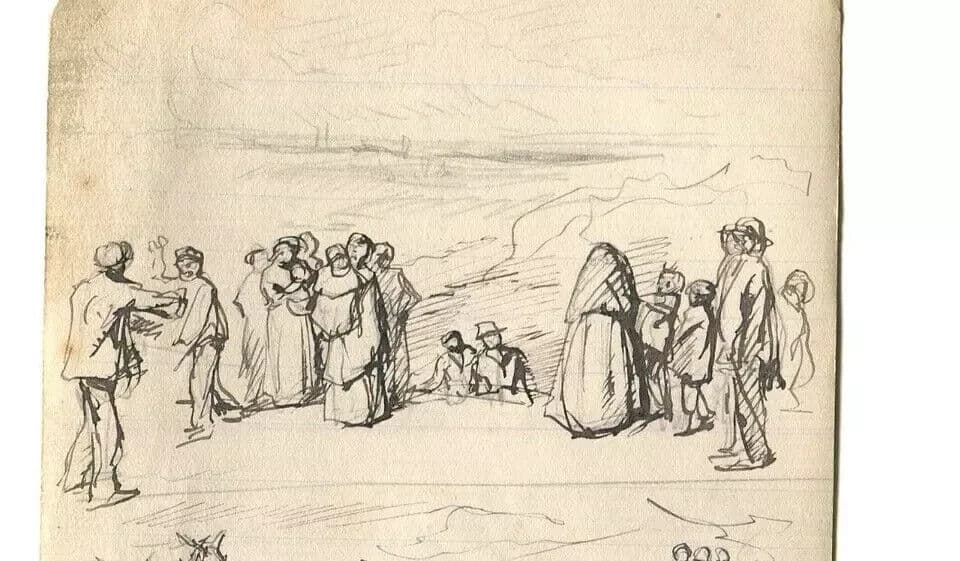 Vintage Ink Original Drawing Impressionism, Horse, Man, Family Figures image 2