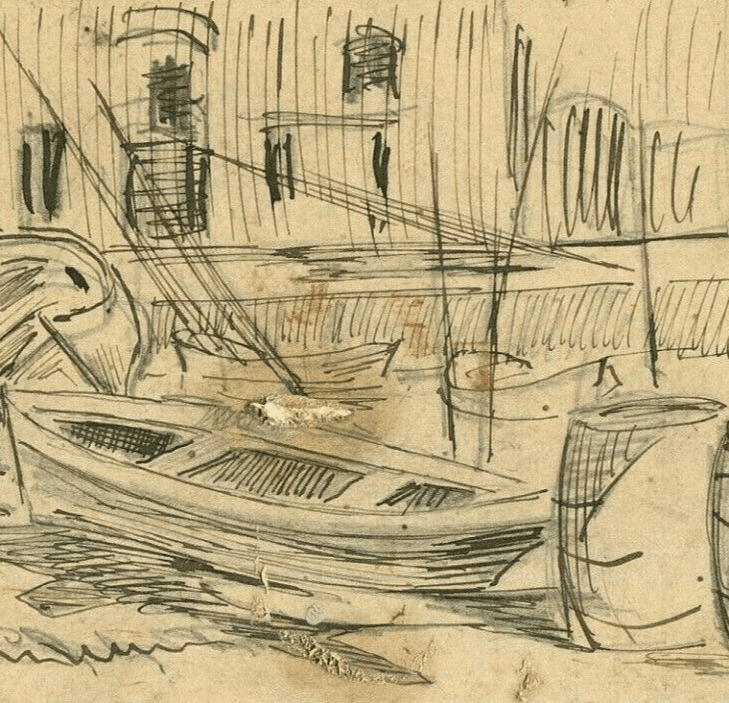 Vintage Ink Drawing Original Maritime Landscape, Sailor, Boats, Sea, Port