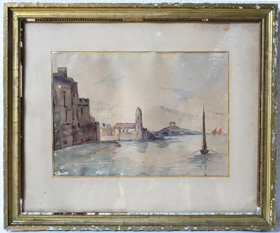 Antique Original Painting, Boat, Cityview, Port, Maritime, Seascape image 5