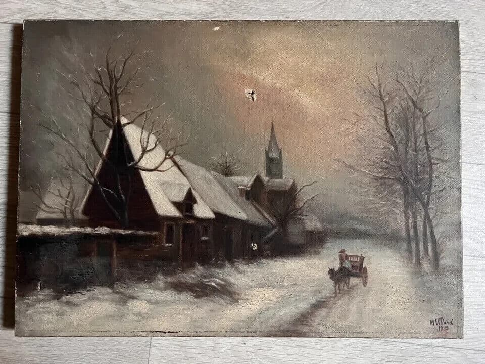 Antique Original Painting Landscape signed Winter Village Horse Landscape image 6