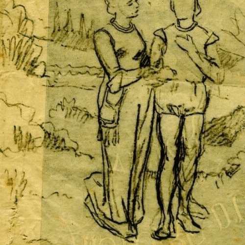 Antique Pencil Drawing Vintage Pre Raphaelite Figures, Dikeos Collection image 4