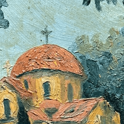 Antique Painting Original Landscape, Church, Byzantine Orthodox Architecture image 3