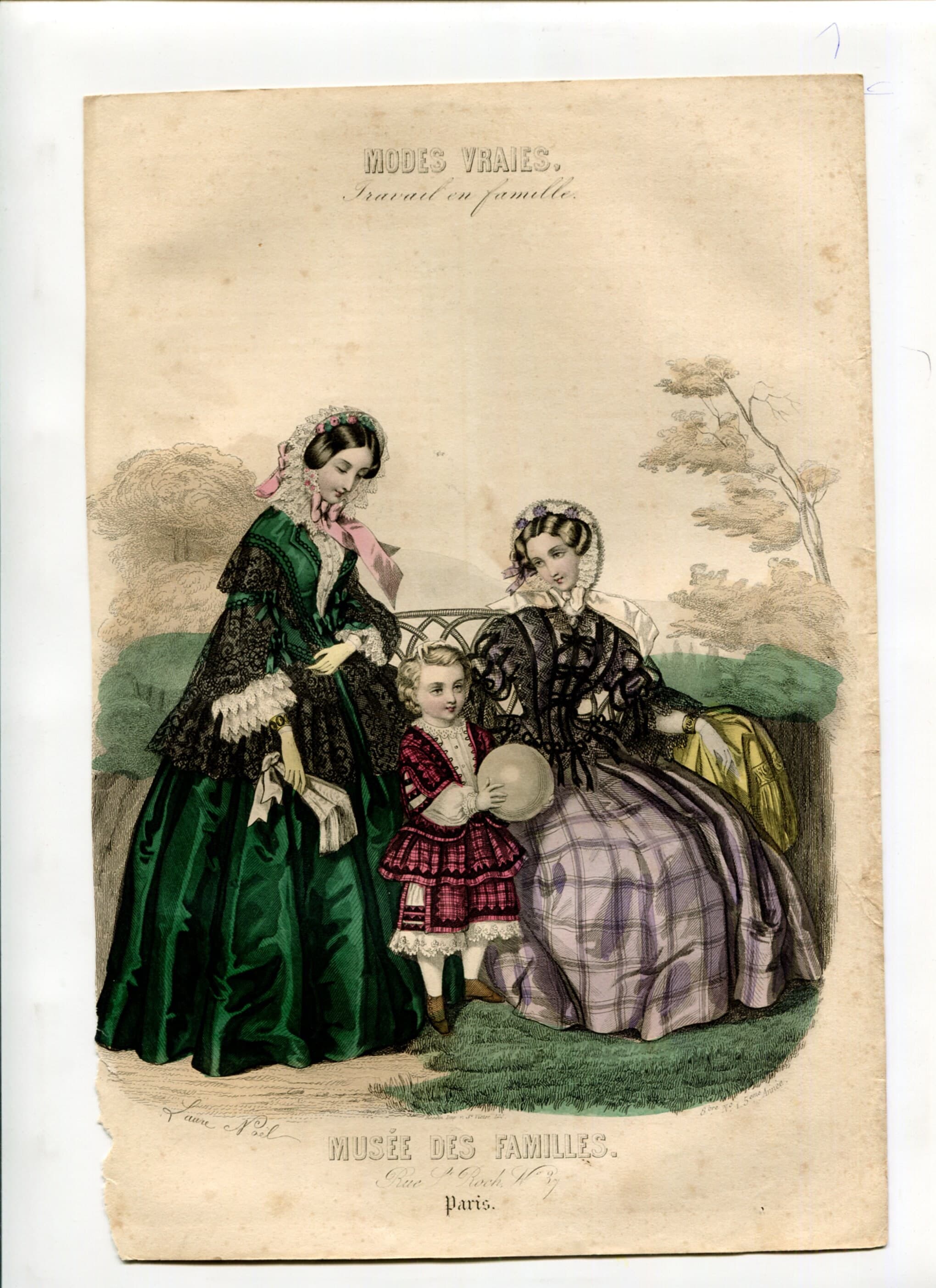 Antique French Fashion Lithograph - "Modes Vraies, Travail en Famille" - Musée image 2