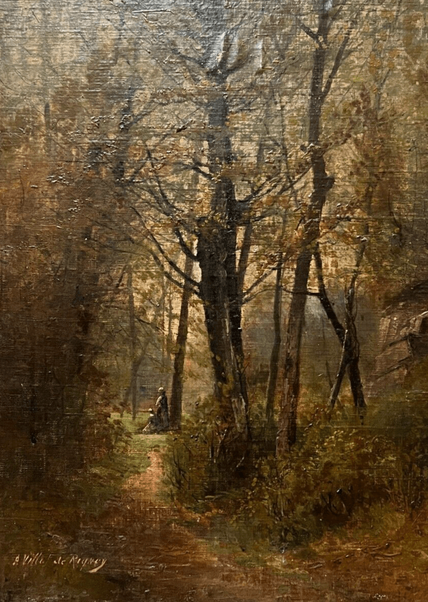 Antique Original Painting Landscape, Trees, Forest, People 19th century image 1