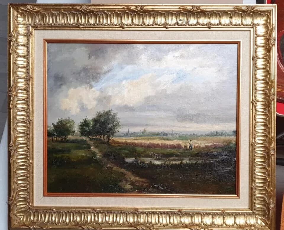 Antique Original 19th century Painting Landscape, Figure Barbizon, Fields image 6