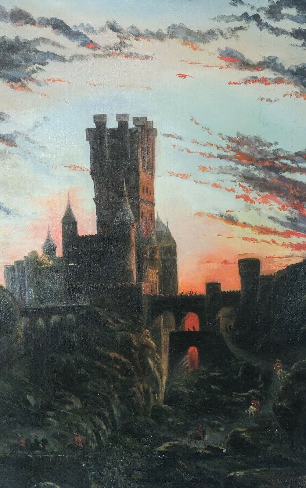 Painting Castle and Figures, Sunset 19th Century image 1