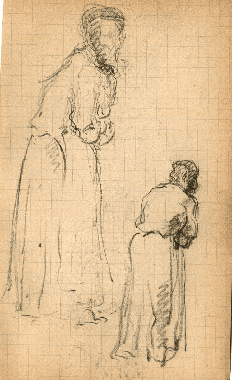 Vintage Original Pencil Drawing Two Women Portraits