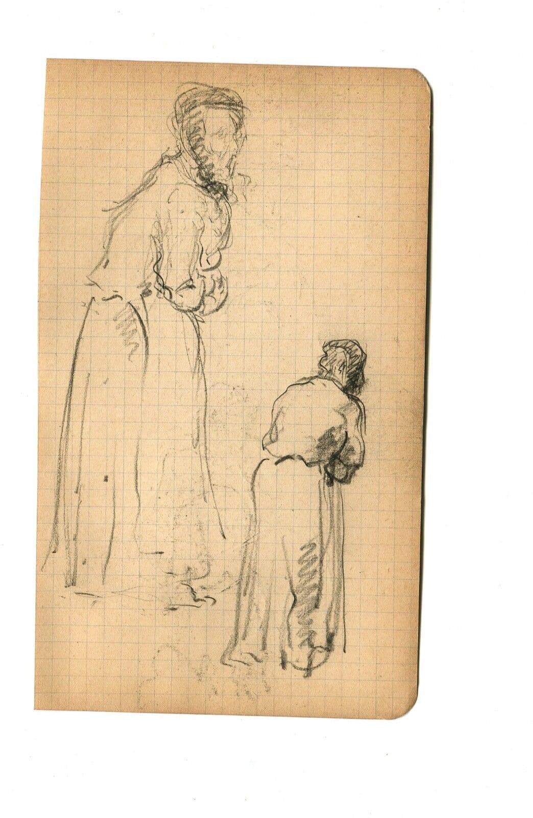 Vintage Original Pencil Drawing Two Women Portraits image 6