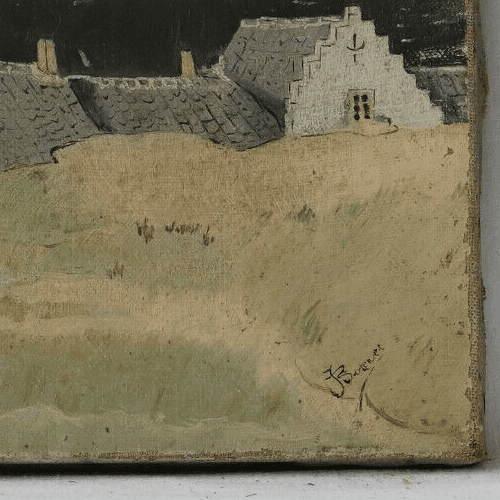 Antique Original Oil Painting Ciyview, Landscape, Breton, Village, People signed image 4