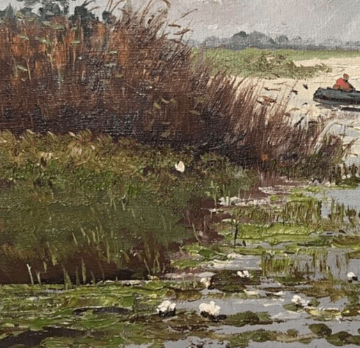 Antique Oil Painting signed Lake River Landscape Man on Boat image 3