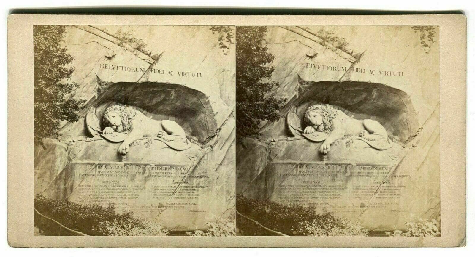 Vintage Stereoview ADOLPHE BRAUN Lion Monument in Lucerne, Albumen c 1870 image 1