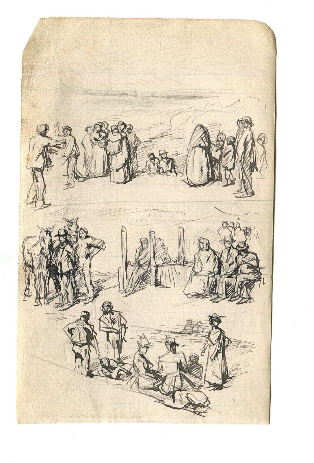 Vintage Ink Original Drawing Impressionism, Horse, Man, Family Figures image 7