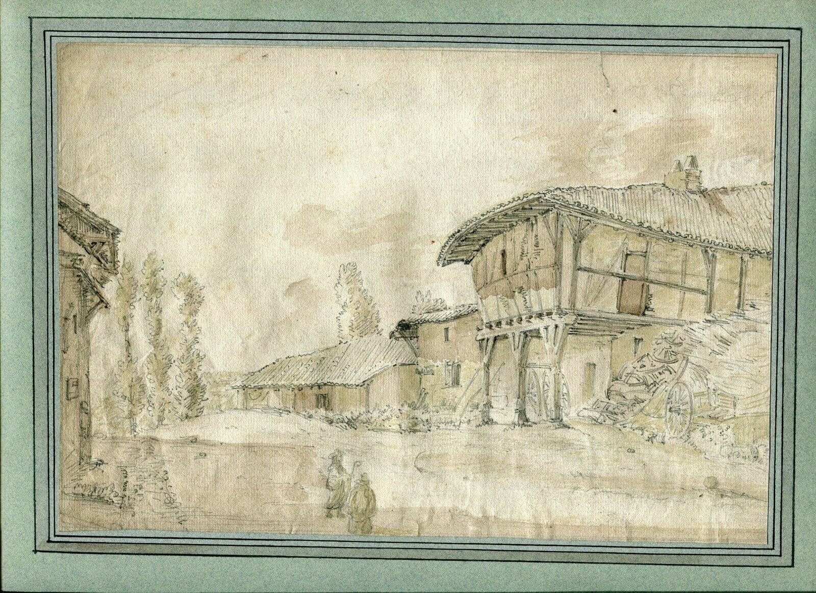Drawing Landscape 19th century Village Farm People image 2