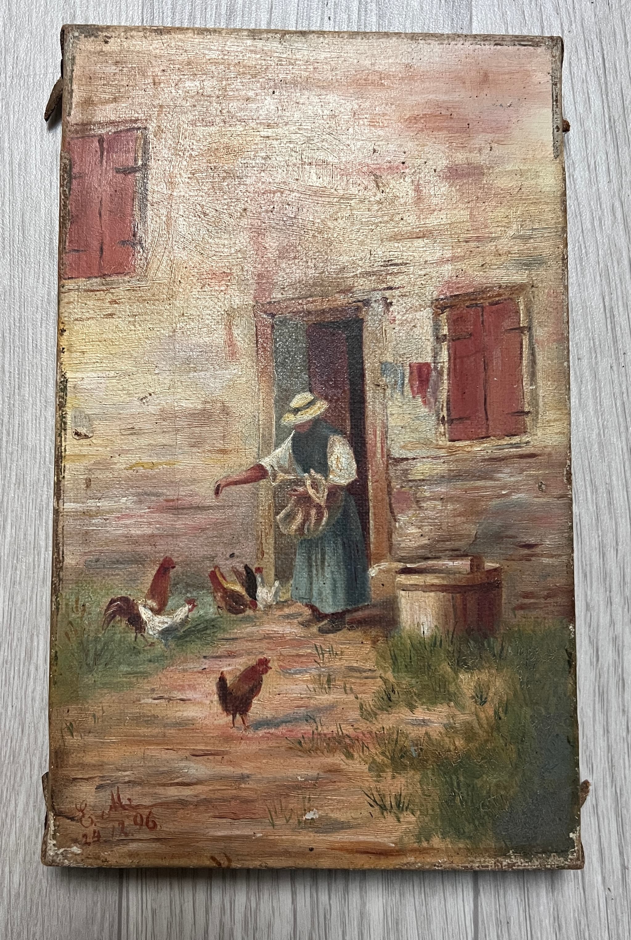 Painting Farming Woman Giving Food to Chicken 1896 image 2