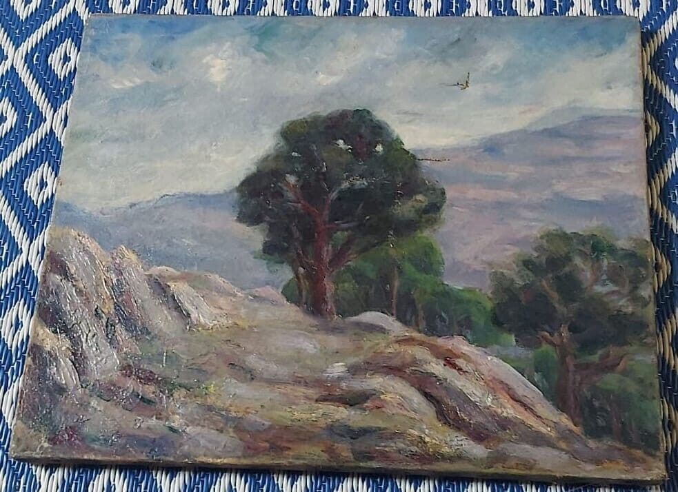 Antique Original Painting Landscape, Farm, Trees, Forest 19th century image 2
