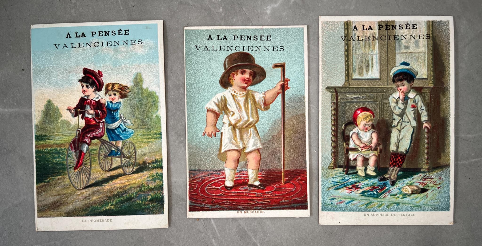 Set of 3 Antique Trade Cards - A La Pensée Valenciennes, Children Illustrations image 1