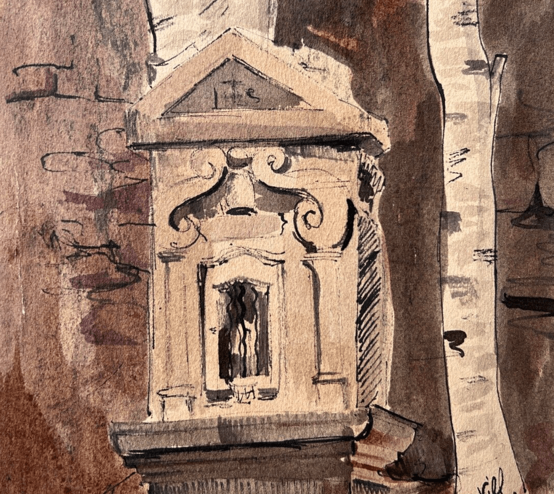 Antique Drawing Original Architecture, Religious signed 1947 Architectural image 2