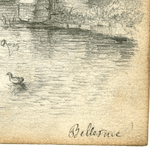 Antique Pencil Drawing Original Wall Landscape River, Duck, Tree, Cityview image 5