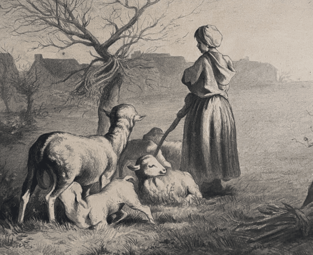 Antique Drawing Original Farmer, Sheep, Landscape, Farmer, Work 1853 image 1