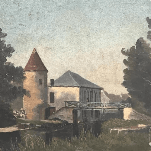 Antique Original Painting Landscape, River, House, Trees, Bridge image 4