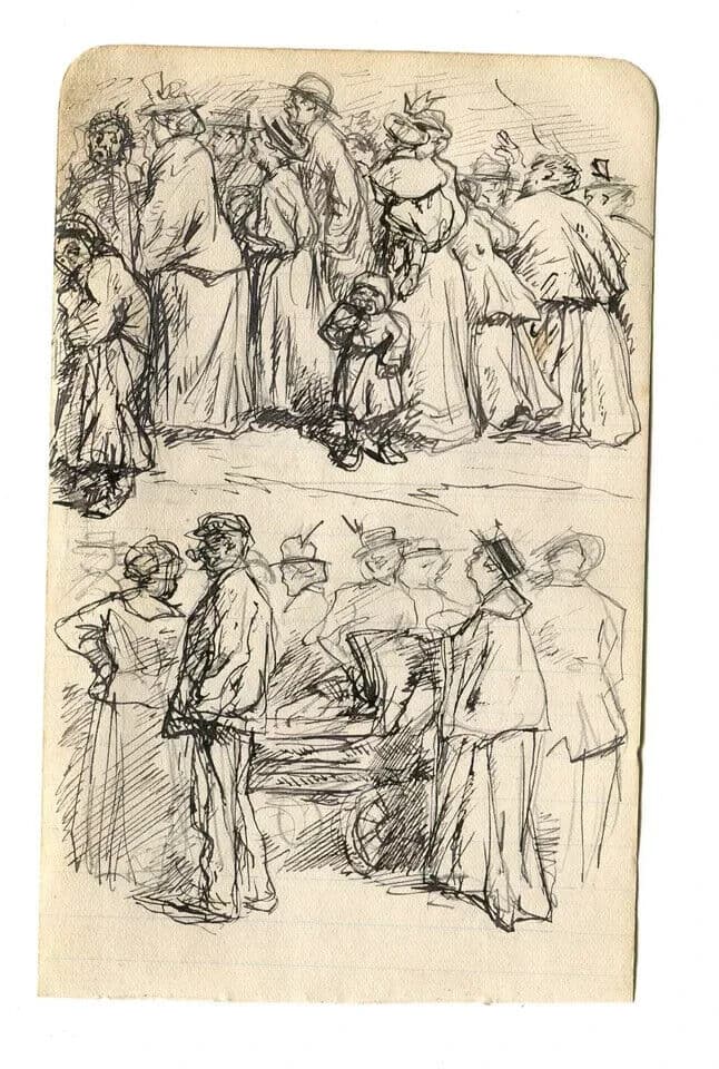 Antique Ink Drawing Original Sketches, Impressionism, Characters, Family, Baby image 6