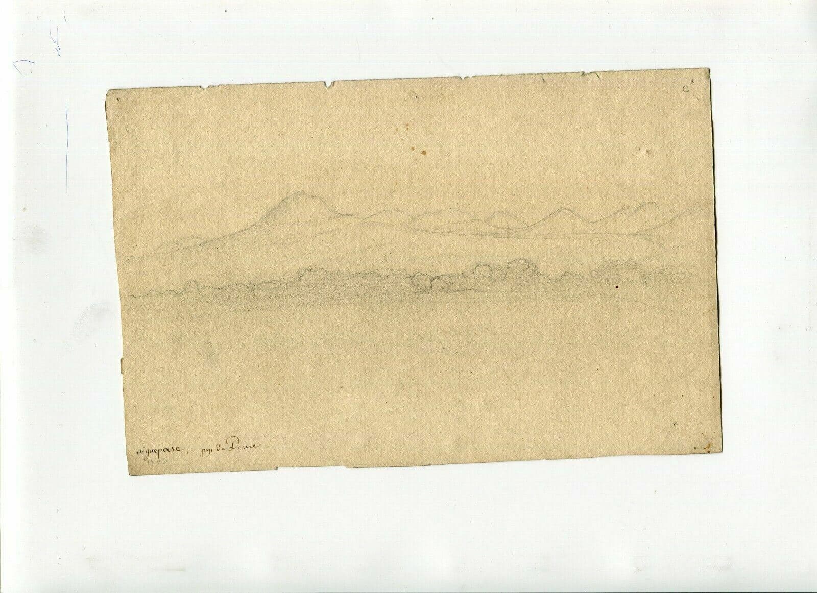 Antique Pencil Drawing 19th century of Hill Landscape, Mountain Puy de Drome image 5
