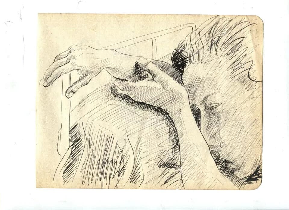Vintage Ink Original Drawing Man Portrait, Sleeping, Arms image 4