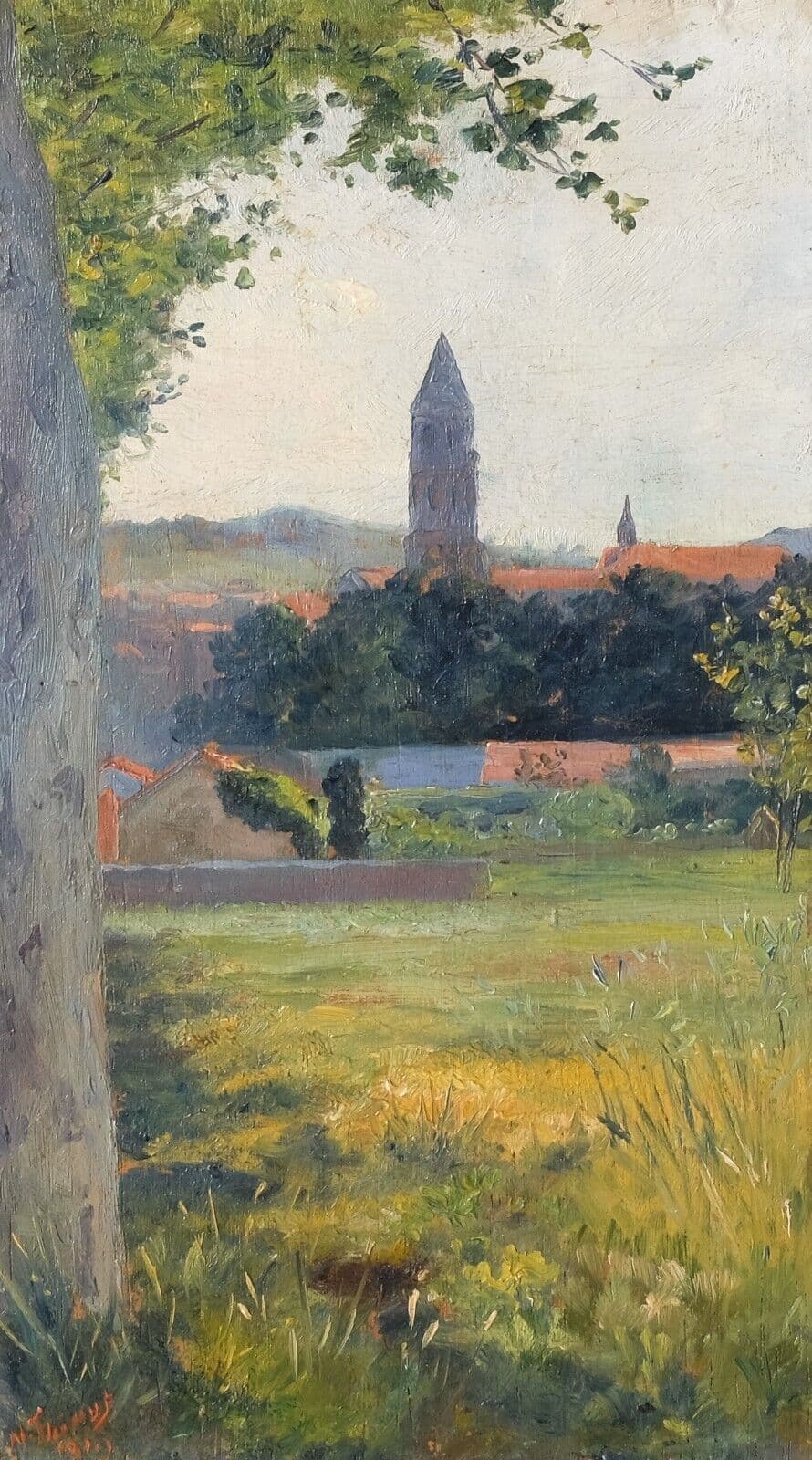 Antique Oil Original Painting Landscape, Village, Countryside Fields image 1