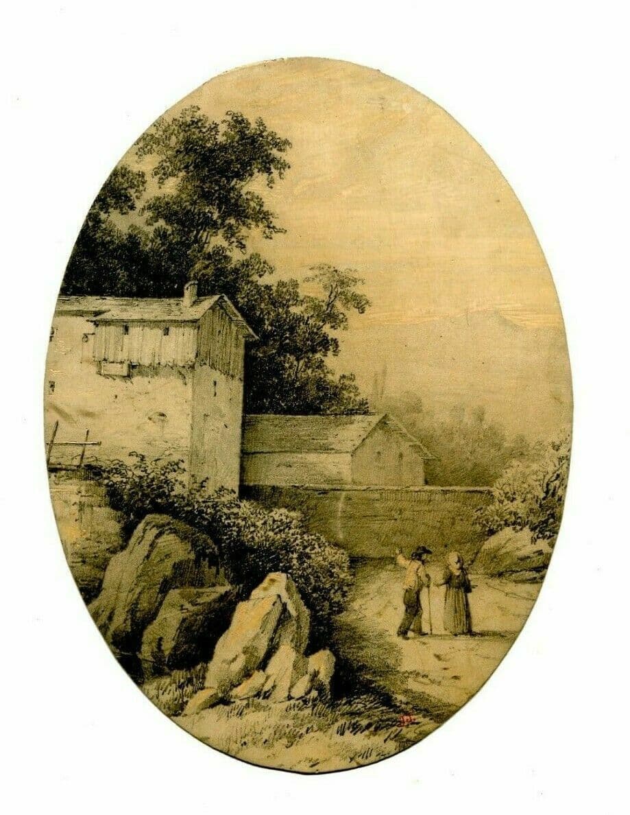 Drawing 19th century Landscape, Peasant, House image 2
