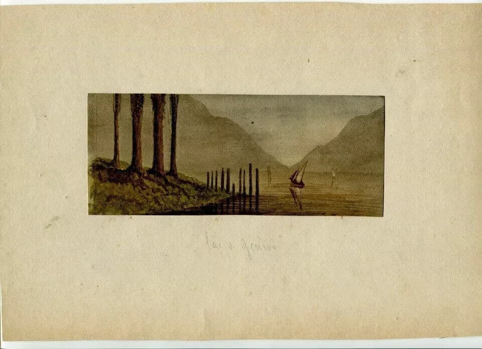 Antique Drawing Original signed Geneva Lake, Switzerland Landscape image 3