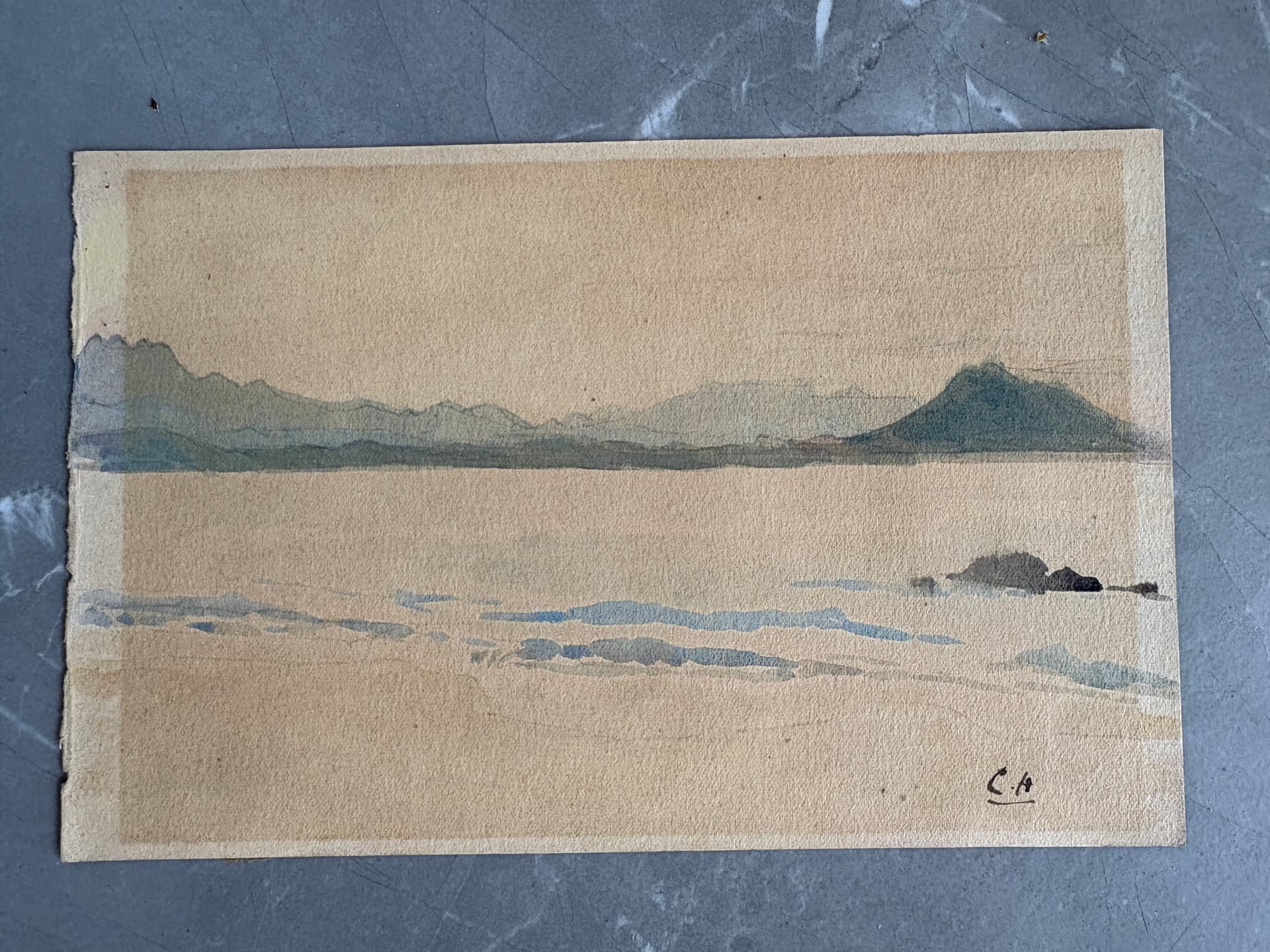 Antique Watercolor Old Painting Landscape, Plage des Basques 1920