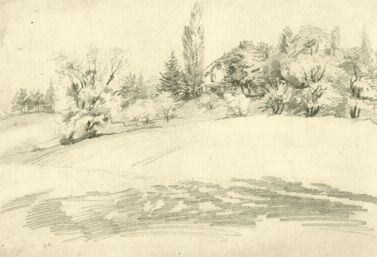 Vintage Pencil Original Drawing Sketch House, Garden. Landscape image 1