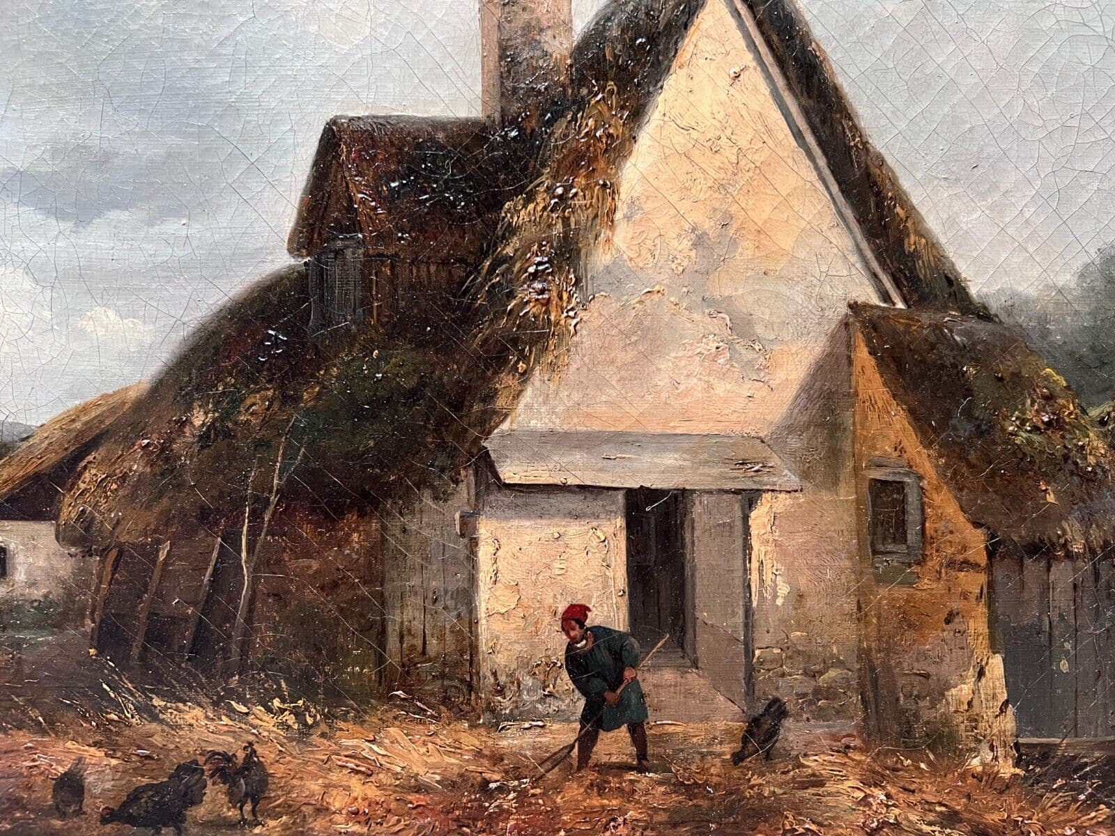 Antique Painting Original Landscape, Farm, Chicken, Man, House 19th century