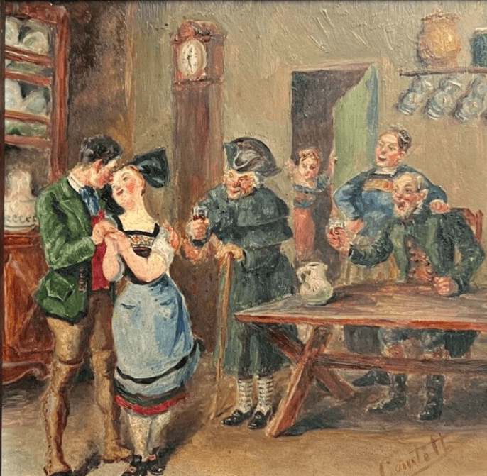 Antique Painting Original Old 19th century Lovers, People signed Framed image 1