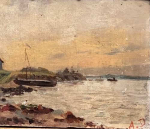 Antique Old Painting signed Village Town Landscape, Seaview, Mill, Boats image 3