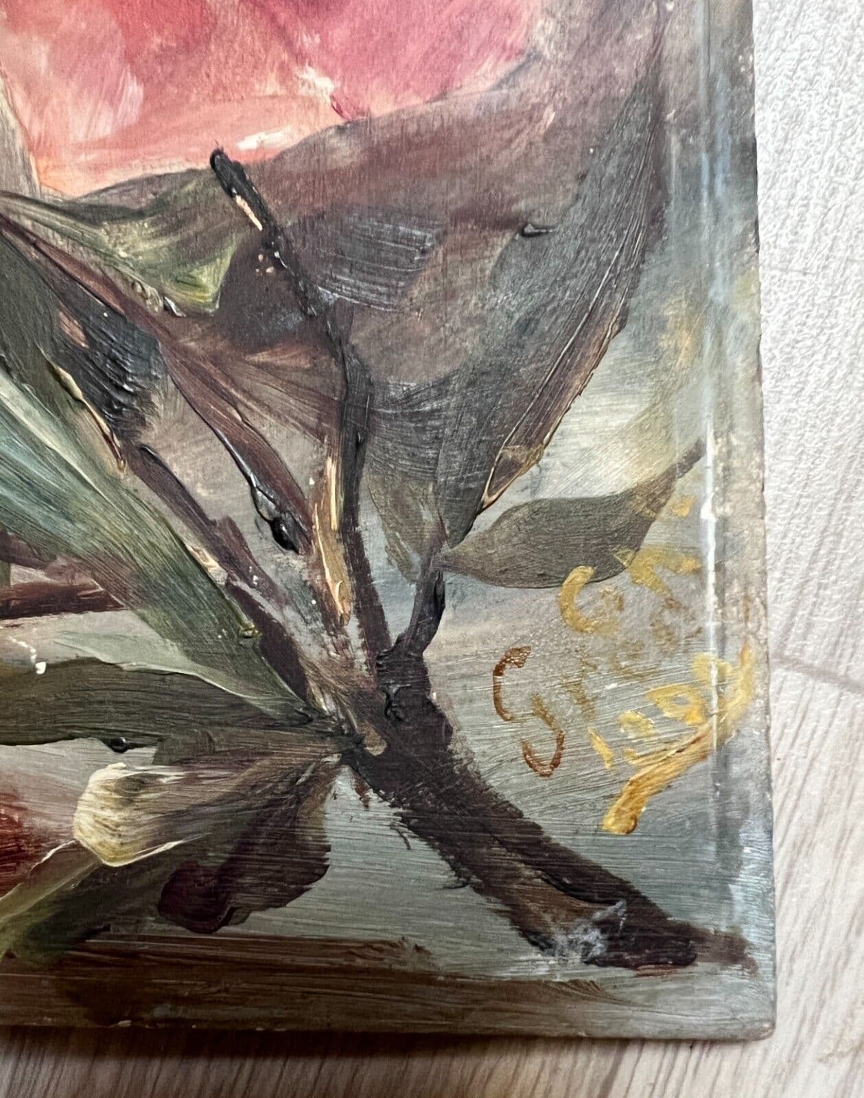 Antique Painting Flowers Bouquet Oil Pink Flower Bouquet Signed Floral image 5