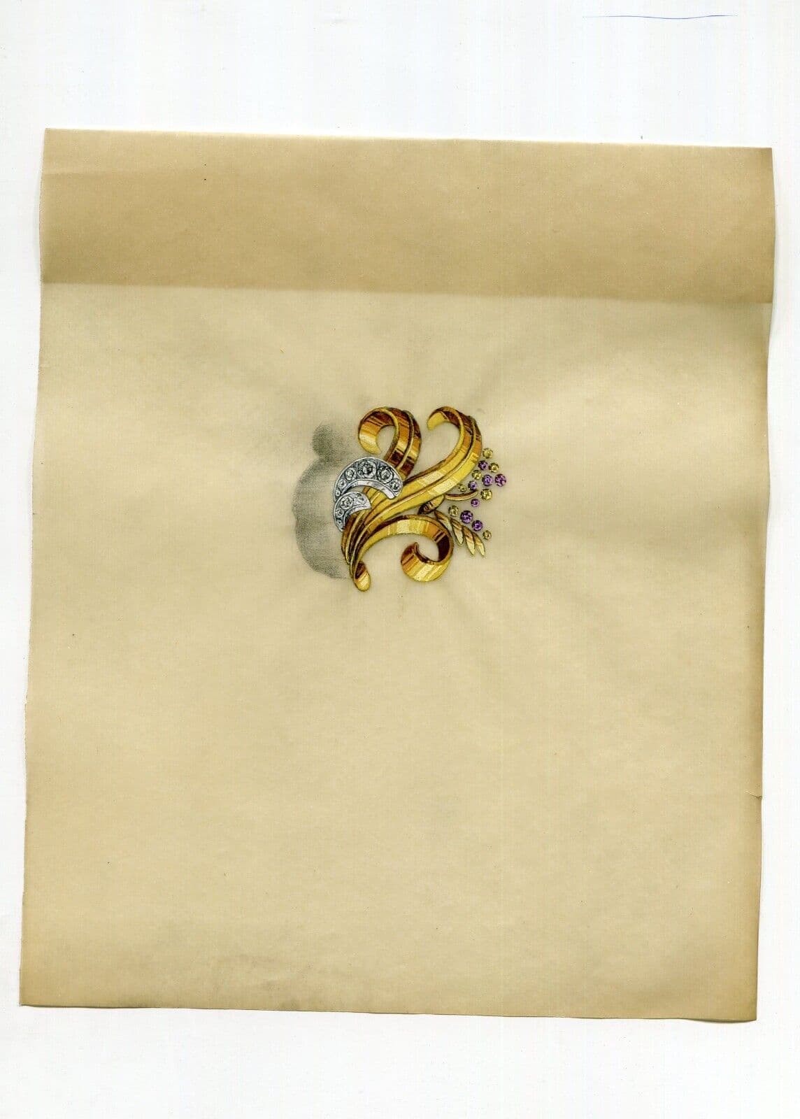 Antique Jewelry Drawing Original Art Deco Purple Diamond Stones Brooch image 6
