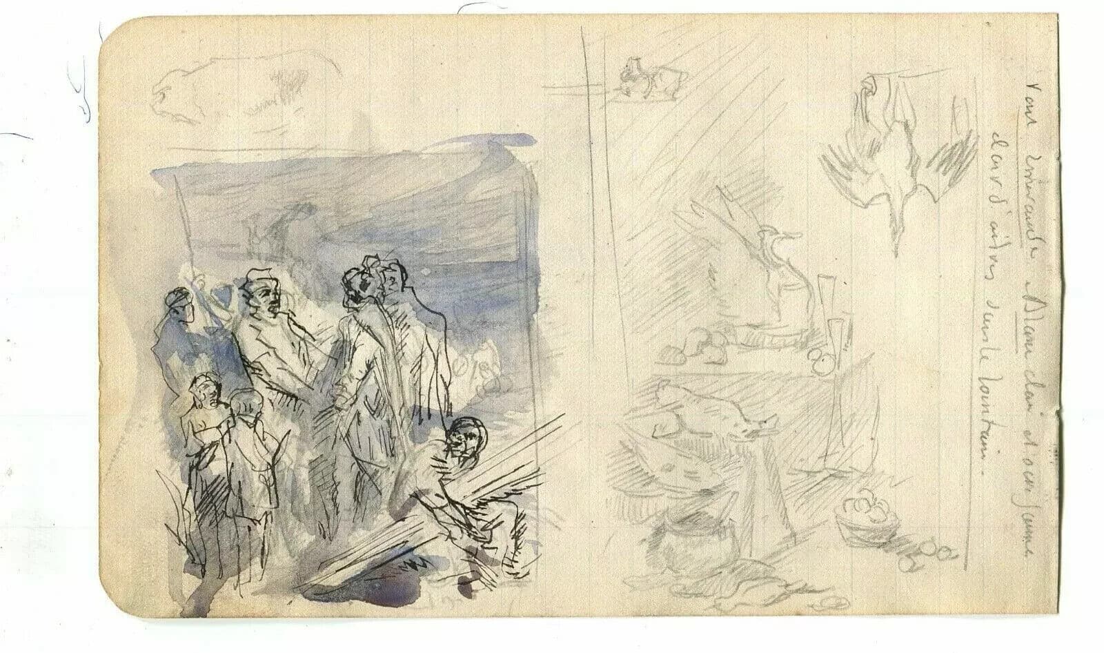 Vintage Ink Original Drawing Figures Genre Scene, Animals Artwork image 8