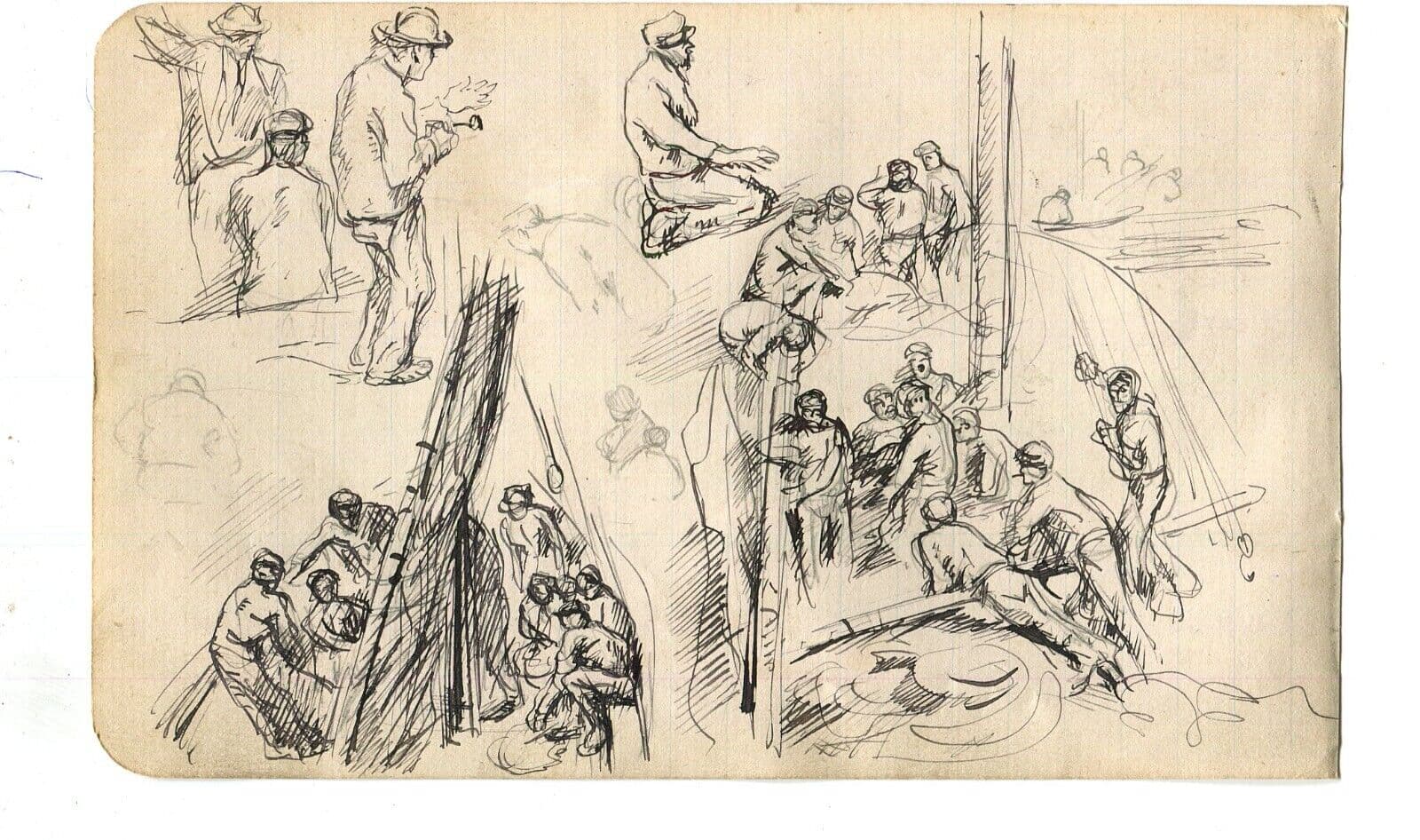 Vintage Drawing Original Maritime Sailors Figures, Boat, Sketches, Seascape image 4