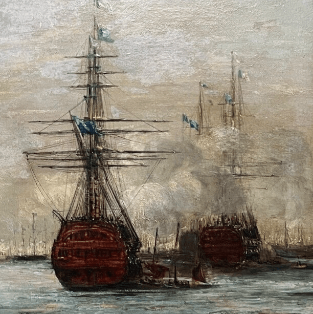 Antique Painting Original Flemish 19th Maritime Landscape Boats at Sea image 2