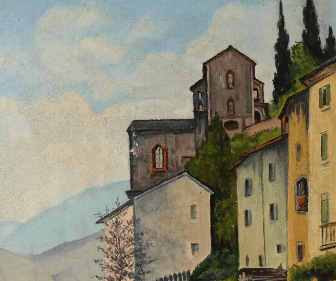 Antique Oil Painting Canvas Village Landscape, Lake, Italy, Mountain image 4