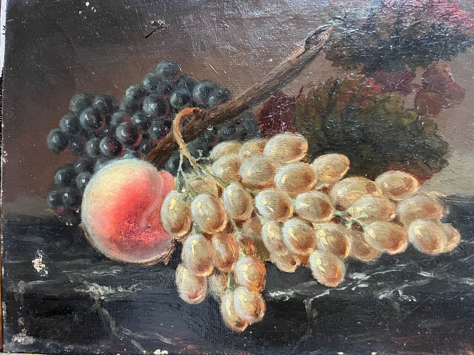 Antique Painting Original Stil Life, Flowers, Floral, Fruits, Grapes, Peach image 4