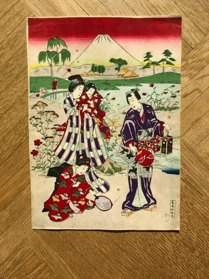 Antique Japanese Woodprint Volcano, Women, Geisha, Landscape Art Print Ukiyo-e image 8